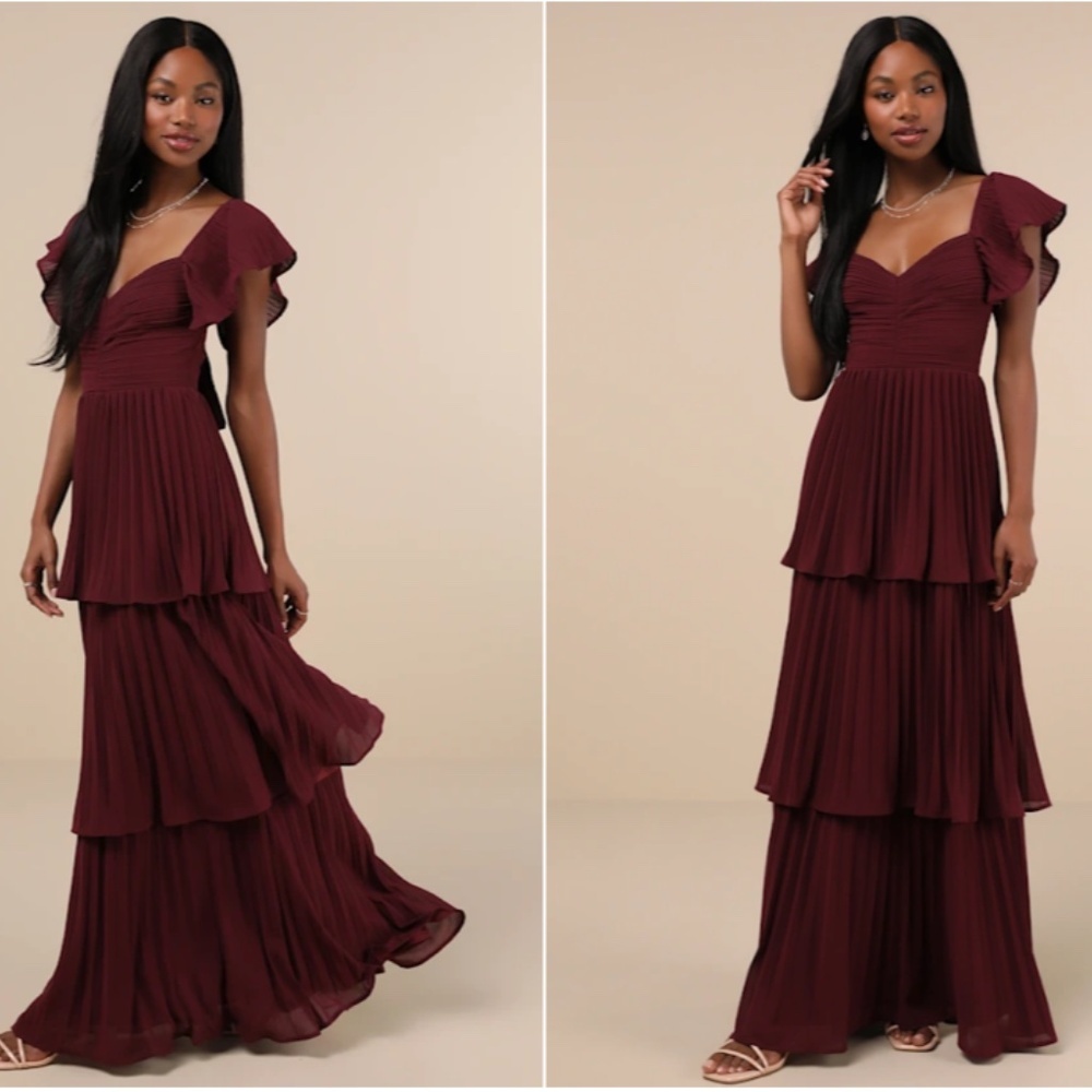 LULUS Sexy Prom Wedding Bridesmaid Tiered Ruffles Flowy Elegant Maxi Dress - Picture 4 of 5